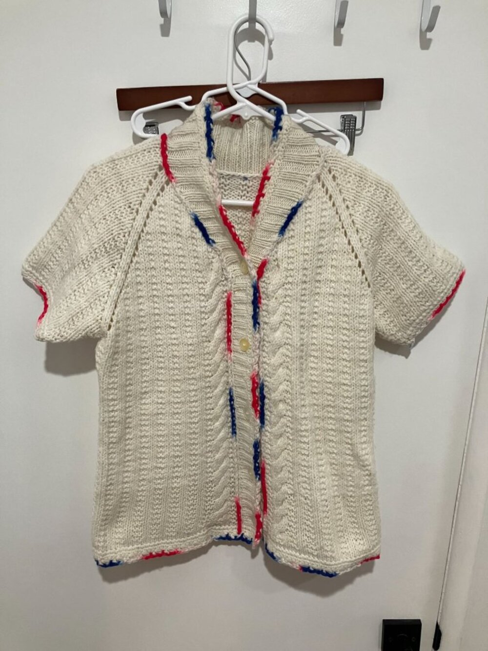 Vintage Handmade Knit Cardigan Short Sleeve Off White Shawl Collar Cable Stitch